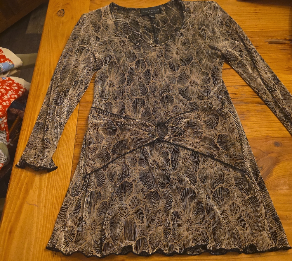 Connected Brown and Black Floral Long-Sleeve Wrap Top Dress